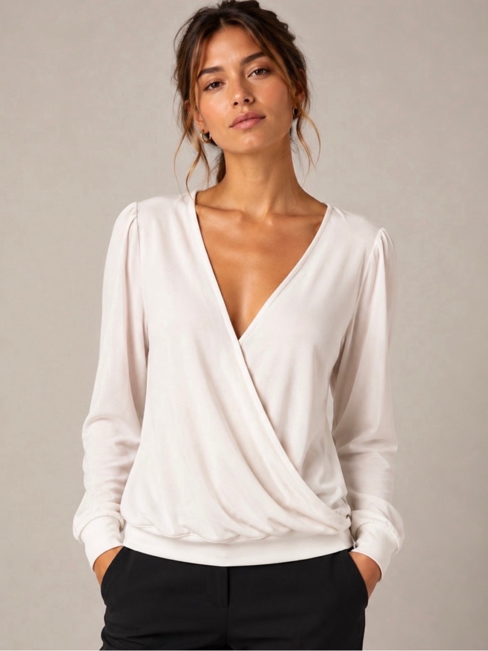 Banana Republic Cream Wrap-Front Long Sleeve Blouse